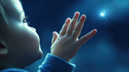 Baby reaching towards a glowing star in a dreamy, blue-lit atmosphere, AIの素材