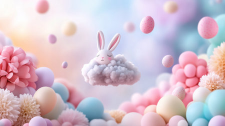 Whimsical bunny floats on a cloud amidst pastel Easter eggs and fluffy flowers, AIの素材
