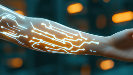 A glowing circuit pattern illuminates a human arm, symbolizing advanced technology integration, AIの素材