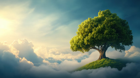 Majestic Yggdrasil ash tree stands atop a cloud-covered hill, basking in golden sunlight, AIの素材