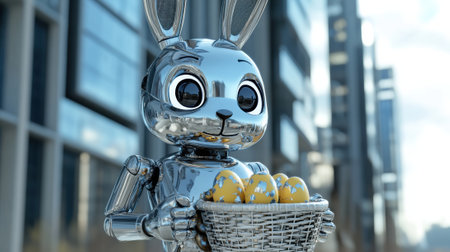 Robot bunny holding a basket of Easter eggs in a modern cityscape, AIの素材
