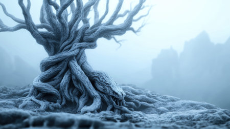 Ancient Yggdrasil ash tree with twisted branches stands in a misty, otherworldly landscape, AIの素材