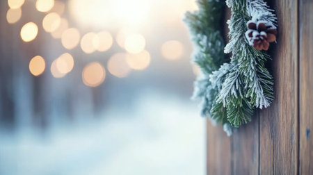 Festive wreath with frosted pinecones adorns a rustic wooden door in winter, AIの素材