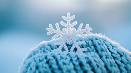 Snowflake resting on a knitted blue hat, capturing winters delicate beauty, AIの素材