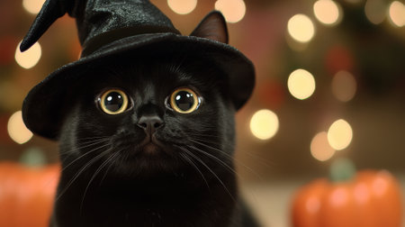 Black cat wearing a witch hat with pumpkins and bokeh lights in the background, AIの素材