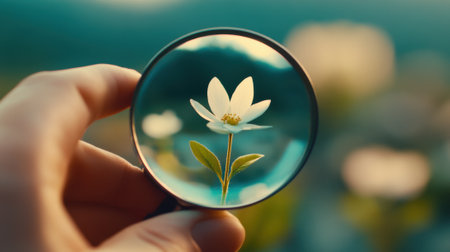 A delicate white flower is magnified, revealing intricate details of its petals and leaves, AIの素材