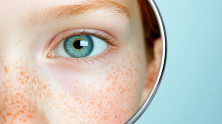 Close-up of a blue eye with freckles reflected in a mirror, AIの素材