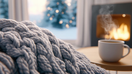 Cozy winter scene with a warm knitted blanket and steaming cup by the fireplace, AIの素材