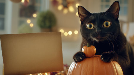 Black cat with wide eyes sits behind a pumpkin, surrounded by warm autumn lights, AIの素材