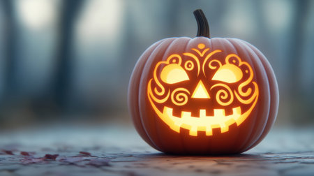 Glowing jack-o-lantern with intricate carvings illuminates a misty autumn evening, AIの素材