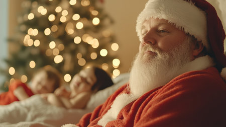 Santa Claus watches over sleeping children by a glowing Christmas tree, AIの素材