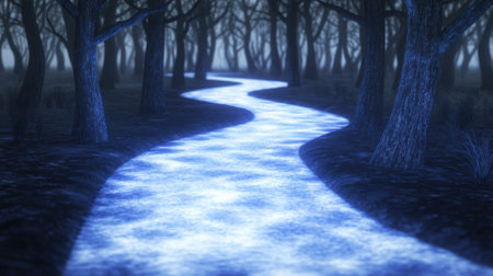 Glowing river winds through a mysterious, foggy forest at night, AIの素材