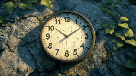 A weathered clock rests on a sunlit stone surface, surrounded by green ivy leaves, AIの素材