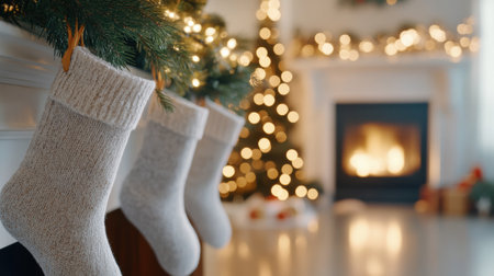 Christmas stockings hang by a cozy fireplace, with a twinkling tree in the background, AIの素材