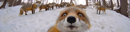 A curious fox peers into the camera, surrounded by its pack in a snowy forest, AIの素材