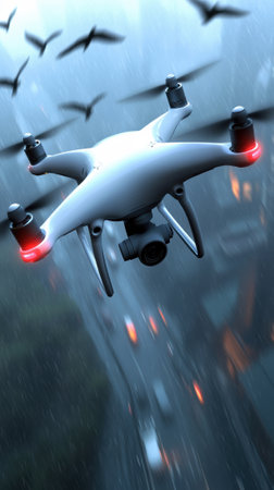 Drone flying through rainy cityscape with birds in the background, AIの素材