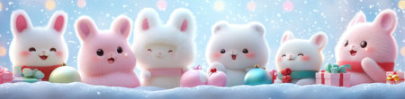 Adorable plush animals celebrate winter with gifts and snowflakes, AIの素材
