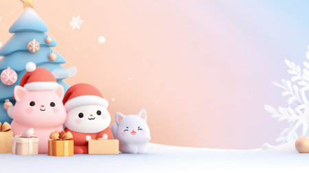Adorable holiday scene with cute animals in Santa hats by a Christmas tree, AIの素材