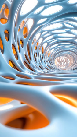 Futuristic tunnel with intricate, organic lattice structure in blue and orange hues, AIの素材