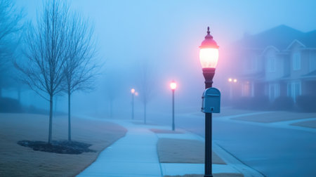Streetlights cast a warm glow on a foggy suburban neighborhood at dawn, AIの素材