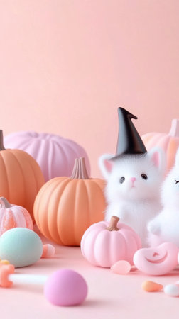 Adorable white kittens with witch hats surrounded by pastel pumpkins and candies, AIの素材
