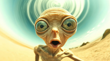 Alien with wide eyes stands in a desert under a swirling sky, expressing surprise, AIの素材
