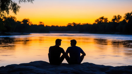 Two people sit by a tranquil river at sunset, silhouetted against the vibrant sky, AIの素材