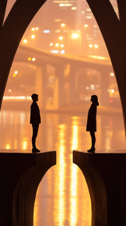 Silhouetted figures face each other across a gap, framed by an illuminated urban backdrop, AIの素材