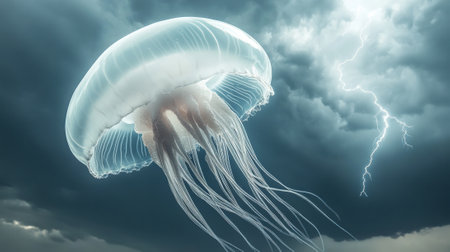 Jellyfish gracefully drifts under a stormy sky, illuminated by a flash of lightning, AIの素材