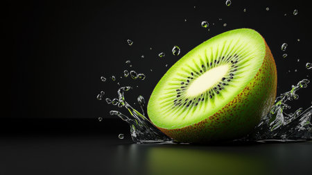 Juicy kiwi slice splashes into water against a dark background, AIの素材