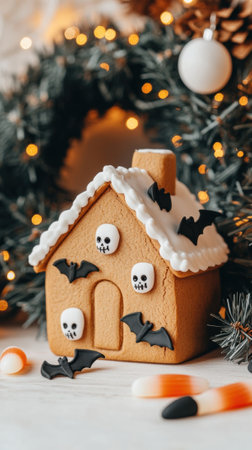 Gingerbread house decorated with spooky bats and skulls for Halloween, AIの素材