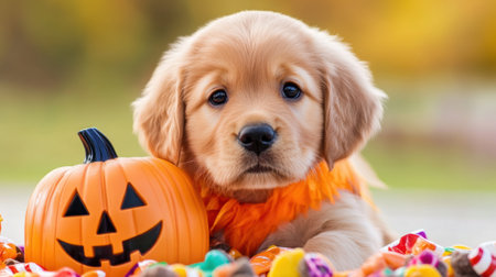 Adorable puppy surrounded by Halloween candy and a pumpkin lantern, AIの素材