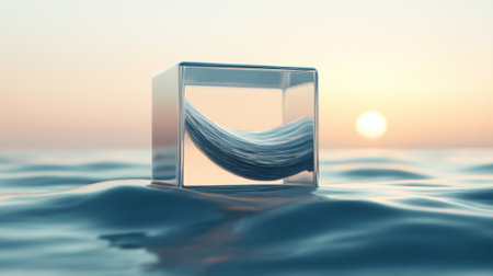 A glass cube floats on serene ocean waves at sunset, encapsulating a flowing brushstroke, AIの素材