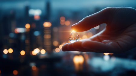 A hand holds a glowing droplet reflecting a cityscape at night, AIの素材
