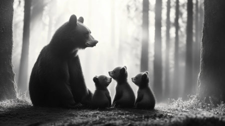 Mother bear and cubs in a serene forest setting, AIの素材