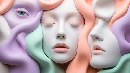 Surreal pastel faces blend seamlessly with flowing abstract shapes, AIの素材