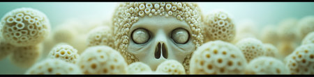 Surreal skull surrounded by intricate, organic structures in a dreamlike setting, AIの素材