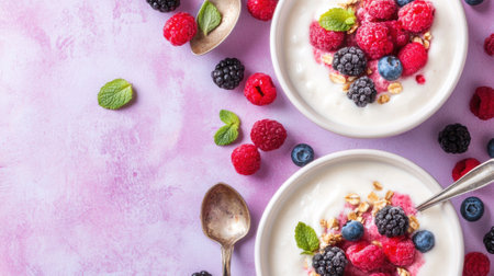 Bowls of yogurt topped with fresh berries and mint on a pastel background, AIの素材