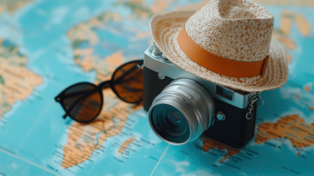 Vintage camera with straw hat and sunglasses on a world map, ready for adventure, AIの素材