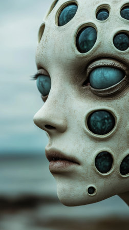 Alien-like face with multiple eyes gazes into the distance, evoking a sense of mystery, AIの素材