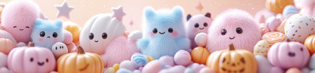 Adorable pastel plushies and pumpkins create a whimsical and cozy atmosphere, AIの素材