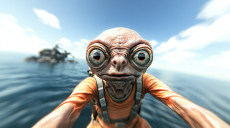 Alien creature takes a selfie with a serene ocean backdrop and distant island, AIの素材