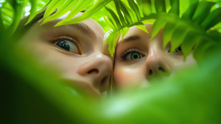 Two curious faces peek through vibrant green leaves, capturing a sense of wonder and exploration, AIの素材