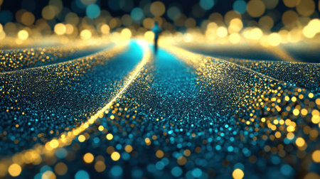 Golden and blue bokeh lights create a magical, dreamy pathway, AIの素材