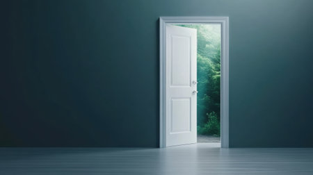 Open door leading to a lush green forest, symbolizing new beginnings, AIの素材