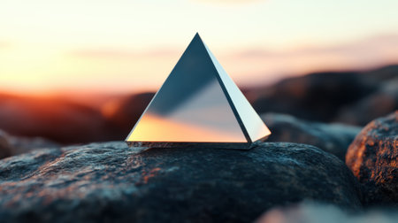 A reflective pyramid rests on rocks at sunset, capturing the warm glow of the sky, AIの素材