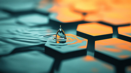 Water droplet creates ripples on hexagonal tiles with a warm, glowing background, AIの素材