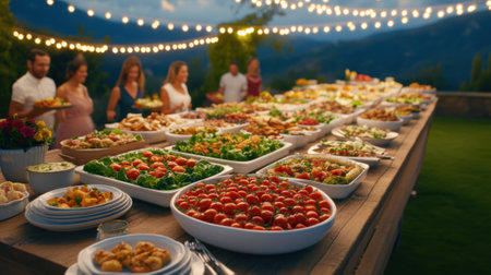 A lavish outdoor buffet with diverse dishes under twinkling string lights, AIの素材