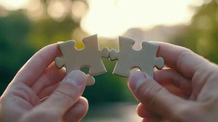 Two hands holding puzzle pieces together against a blurred natural background, AIの素材