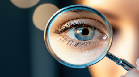 Close-up of a blue eye magnified by a lens, highlighting intricate details, AIの素材